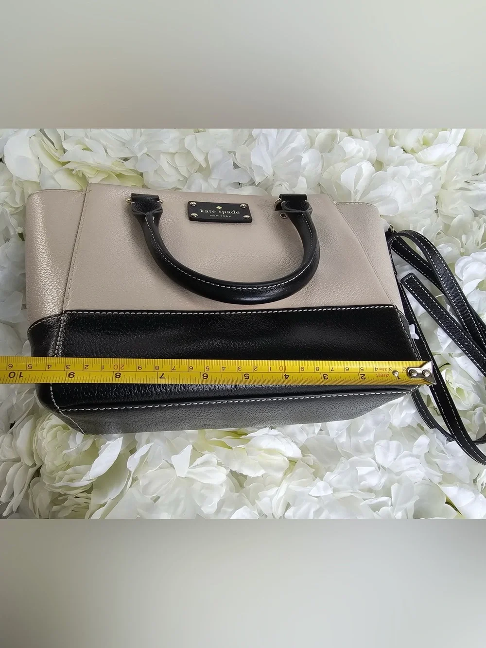 Kate Spade New York Two Tone Leather Satchel Crossbody Bag Beige Black